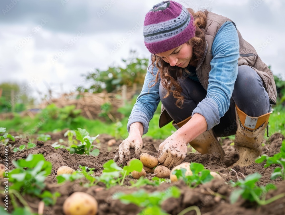 Fototapeta premium Growing Potatoes with Passion: A Female Gardener's Journey in Rural Devon, England