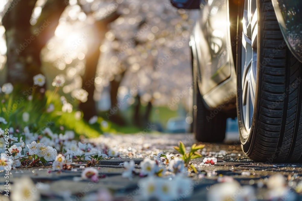 summer car tires on the street outside in the blooming spring sakura