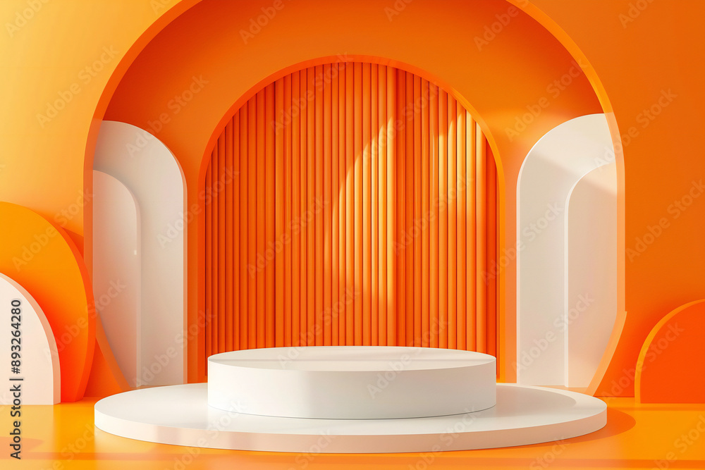 Orange and White Podium with Striped Background, Vibrant Modern Design Orange and White Podium with Striped Background, Vibrant Modern Design