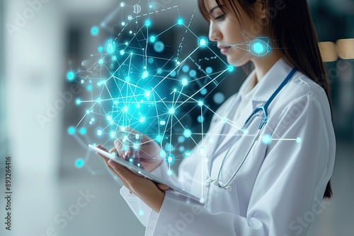 Close-up of a doctor in a white coat using a tablet with a futuristic digital interface, showcasing advanced healthcare technology..