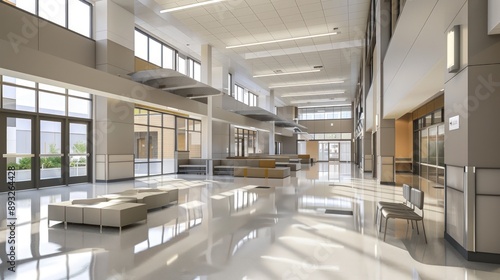High school lobby with modern seating, sleek lines, and a neutral color palette © Noreen