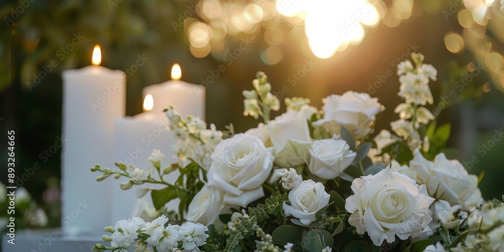 Obraz premium Funeral white flowers and white candles near the memorial outdoors close-up