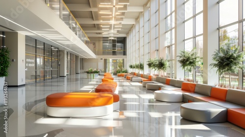 High school lobby with modern seating, sleek lines, and a bright, airy atmosphere