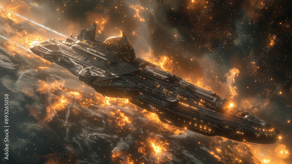 Cosmic Cataclysm: A colossal spaceship, engulfed in flames, plunges through a fiery asteroid field in a breathtaking scene of interstellar destruction. Cosmic Cataclysm: A colossal spaceship, engulfed in flames, plunges through a fiery asteroid field in a breathtaking scene of interstellar destruction.