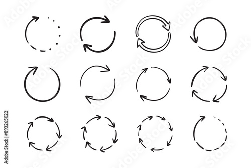 Round circle doodle arrows. Hand drawn arrow icons set. Recycle sketch signs. Repeat line symbols.
