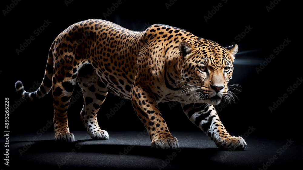 Obraz premium jaguar isolated against a dark background, dramatically illuminated by an intense spotlight