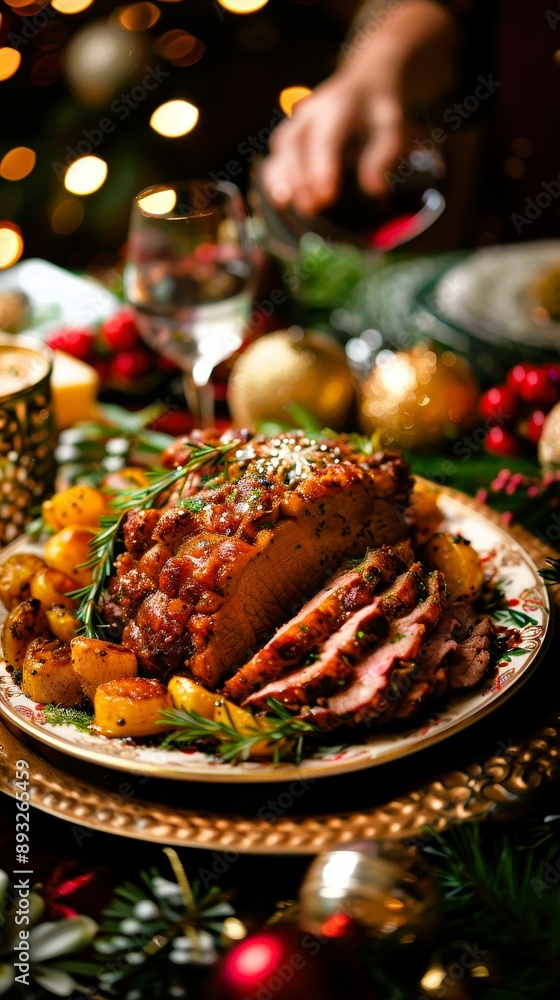 A beautifully plated roast with festive garnishes, perfect for holiday dining and celebrations, surrounded by seasonal decorations.