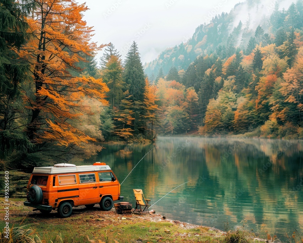 A serene autumn scene with a vibrant camper van by a tranquil lake surrounded by colorful trees and misty mountains. A serene autumn scene with a vibrant camper van by a tranquil lake surrounded by colorful trees and misty mountains.
