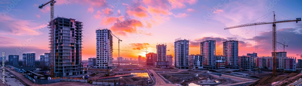 A stunning panorama of a city skyline under construction at sunset, showcasing cranes and emerging buildings against vibrant skies. A stunning panorama of a city skyline under construction at sunset, showcasing cranes and emerging buildings against vibrant skies.