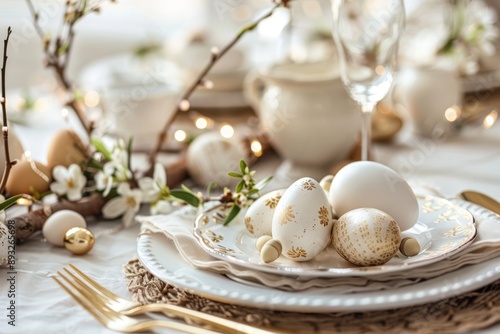 Obraz na płótnie table setting with white plate, golden cutlery, easter eggs and spring branches w salonie