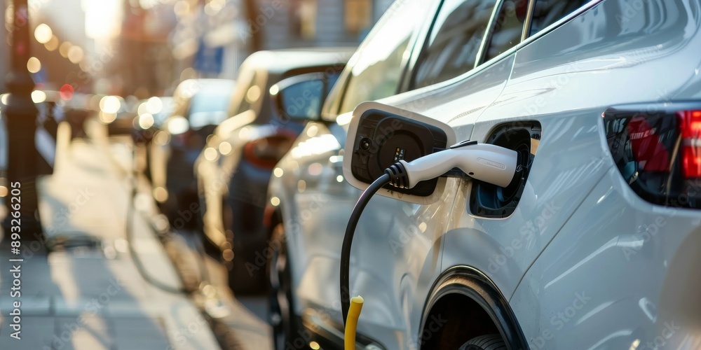Obraz premium Electric car charging stations are becoming more prevalent in urban areas, signalling a shift towards ecofriendly transportation. They play a role in advancing sustainable urban mobility