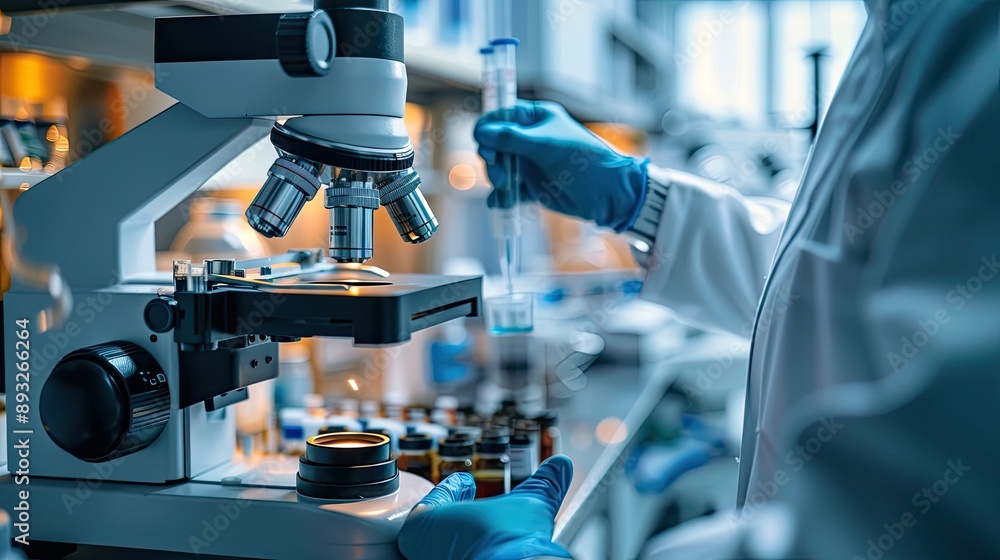 Female scientist in protective eyewear conducting experiments in a modern laboratory, highlighting research, science, and technology.. Female scientist in protective eyewear conducting experiments in a modern laboratory, highlighting research, science, and technology..