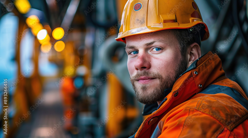 Refinery workers in overalls in the background of an oil refinery Refinery workers in overalls in the background of an oil refinery