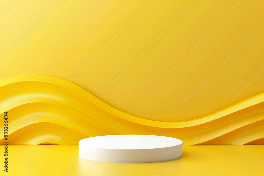 White Podium with Yellow Abstract Waves Background, Modern Minimalist Decor White Podium with Yellow Abstract Waves Background, Modern Minimalist Decor