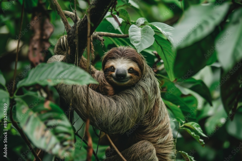 Sloth Hanging on a Branch in a Lush Tropical Forest