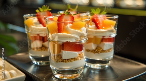 Colorful fruity parfaits with fresh cream and fruits. photo