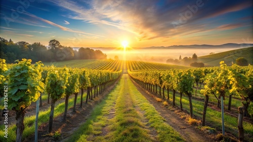 Morning sun illuminating vineyard with rows of grapevines stretching into the distance, vineyard, grapevines, rural, agriculture, sunrise