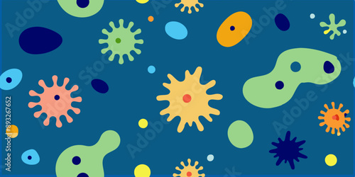 cartoon abstract microorganism and bacteria seamless repeat pattern on blue background