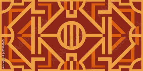 A stunning seamless art deco geometric pattern in vibrant orange and red colors