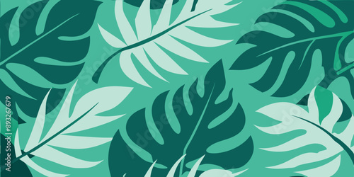 Seamless Repeat Pattern: green and teal backdrop, overlapping silhouettes of tropical leaves