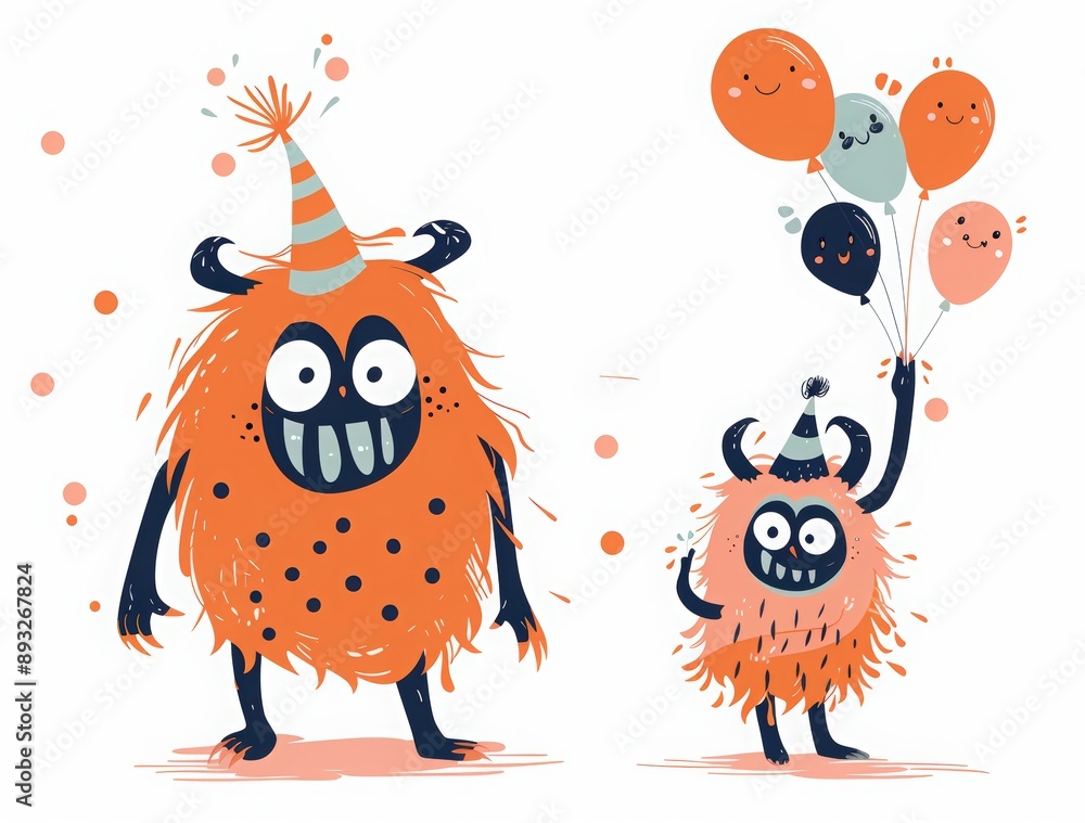 Obraz premium Happy birthday card with a cute monster character and text 