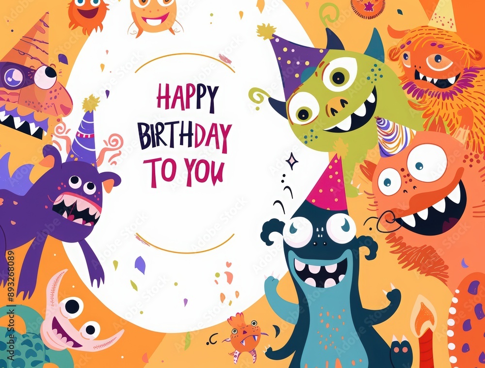 Naklejka premium Happy birthday card with a cute monster character and text 