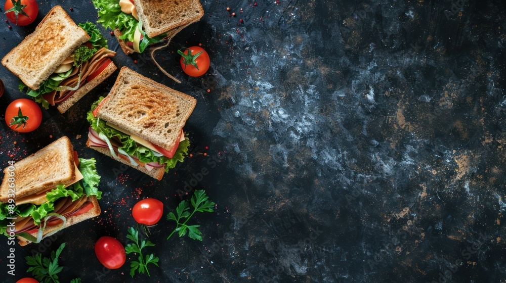 Primary school child's lunch box with sandwich with dark blue copy space Primary school child's lunch box with sandwich with dark blue copy space