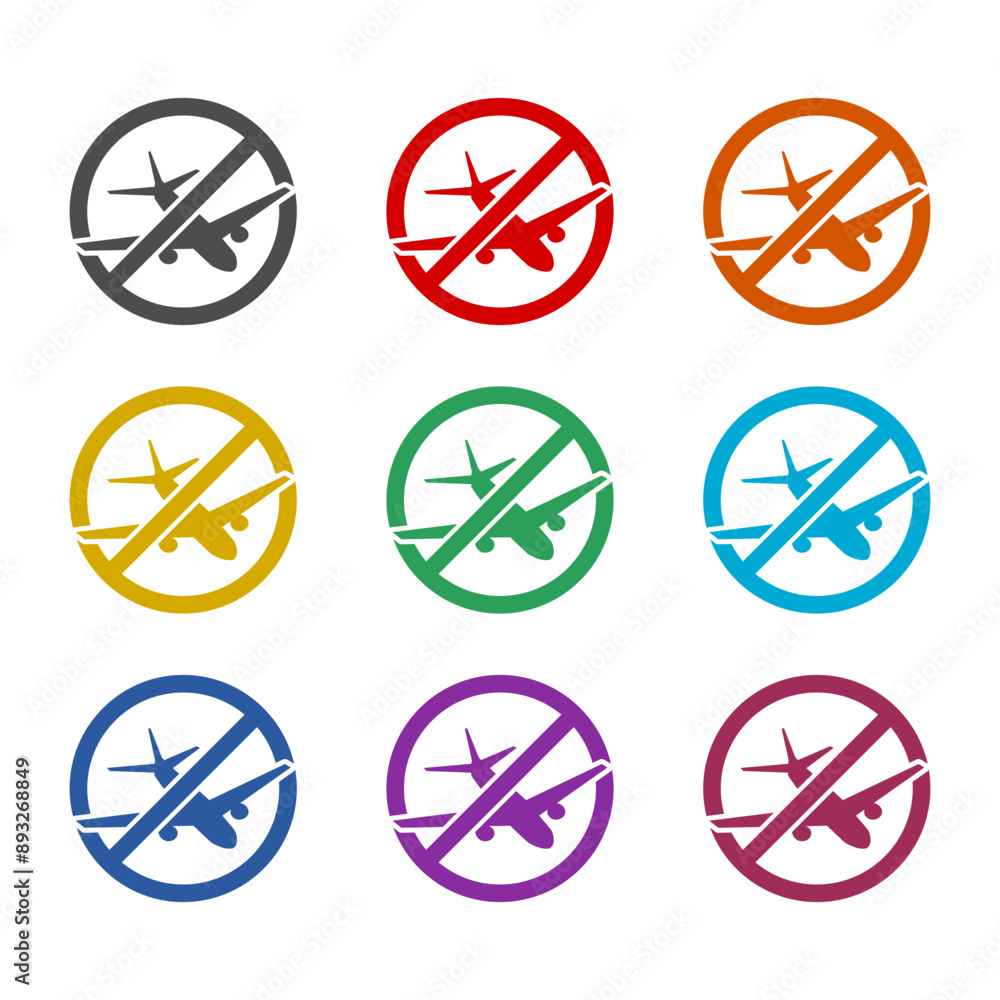 No plane flight icon isolated on white background. Set icons colorful No plane flight icon isolated on white background. Set icons colorful