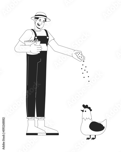 Happy asian man farmer feeding chicken 2D cartoon character. Korean male giving grains to hen isolated flat vector person white background. Poultry farm routine work color spot illustration