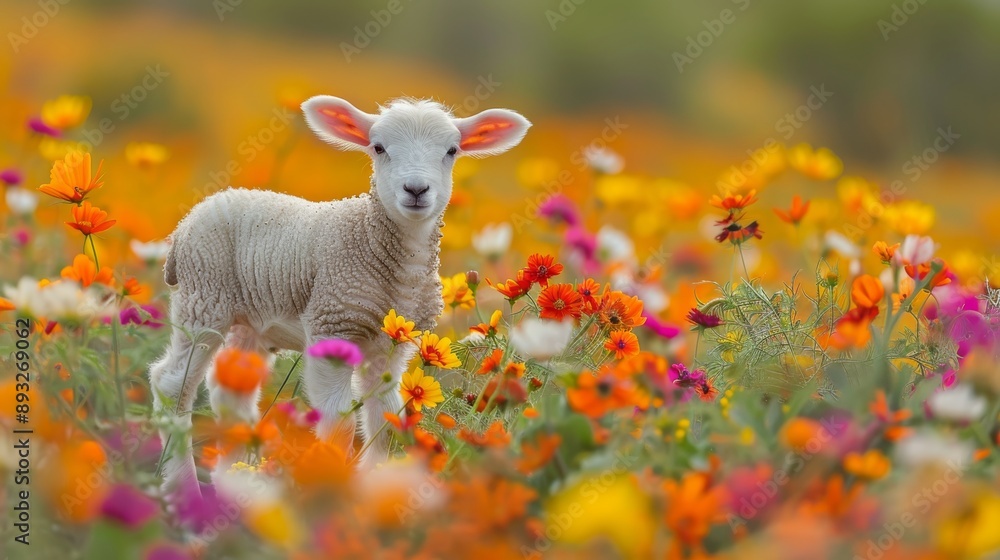 A Lamb Standing In a Field of Flowers With Orange and Yellow Flowers in the Background - Generative AI A Lamb Standing In a Field of Flowers With Orange and Yellow Flowers in the Background - Generative AI