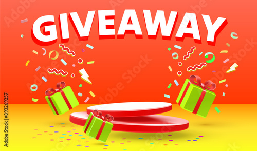 Giveaway podium, shop mega discount, special promo frame. Vector illustration