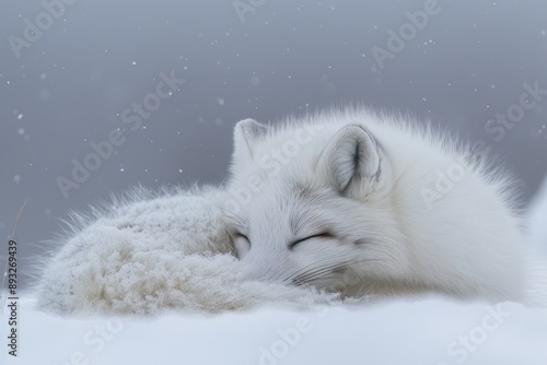 Arctic fox (Alopex lagopus) closing eyes against storm, winter photo