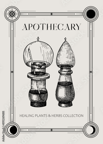 Antique apothecary glassware sketch. Witchcraft hand-drawn vector illustration. Art deco frame template. NOT AI generated