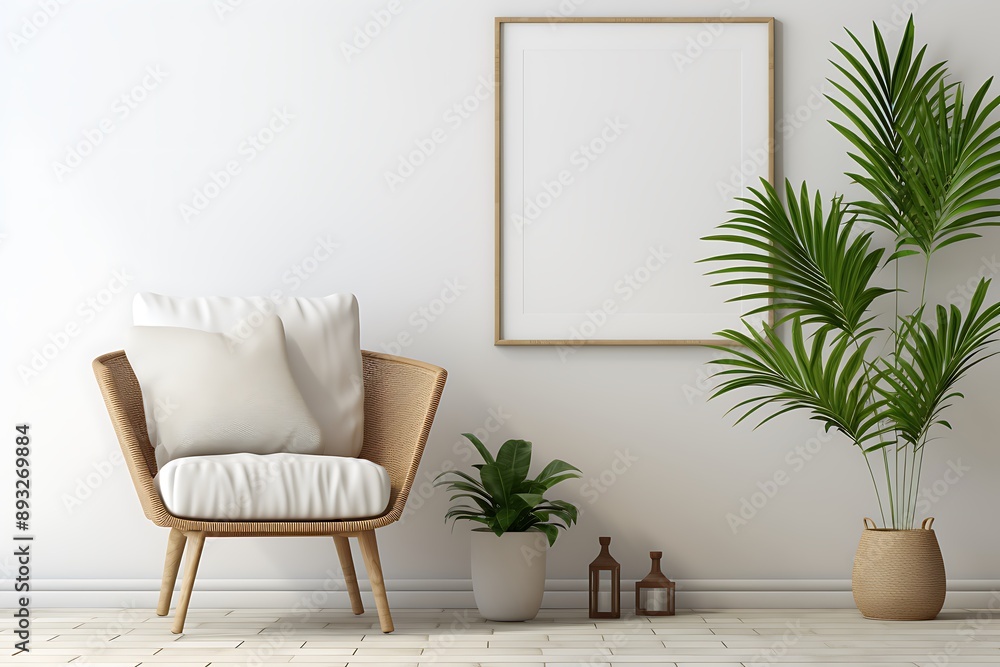 Fototapeta premium Interior of living room with white walls, wooden floor, beige armchair and vertical mock up poster frame. 3d rendering