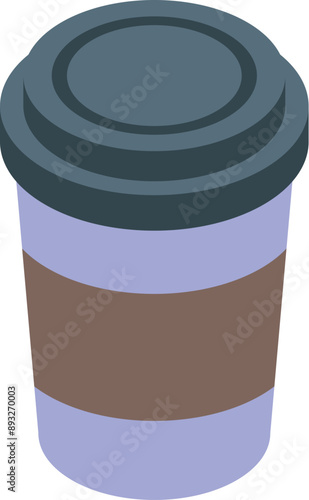 Disposable coffee cup with a brown protective sleeve and a plastic lid is standing on a white background