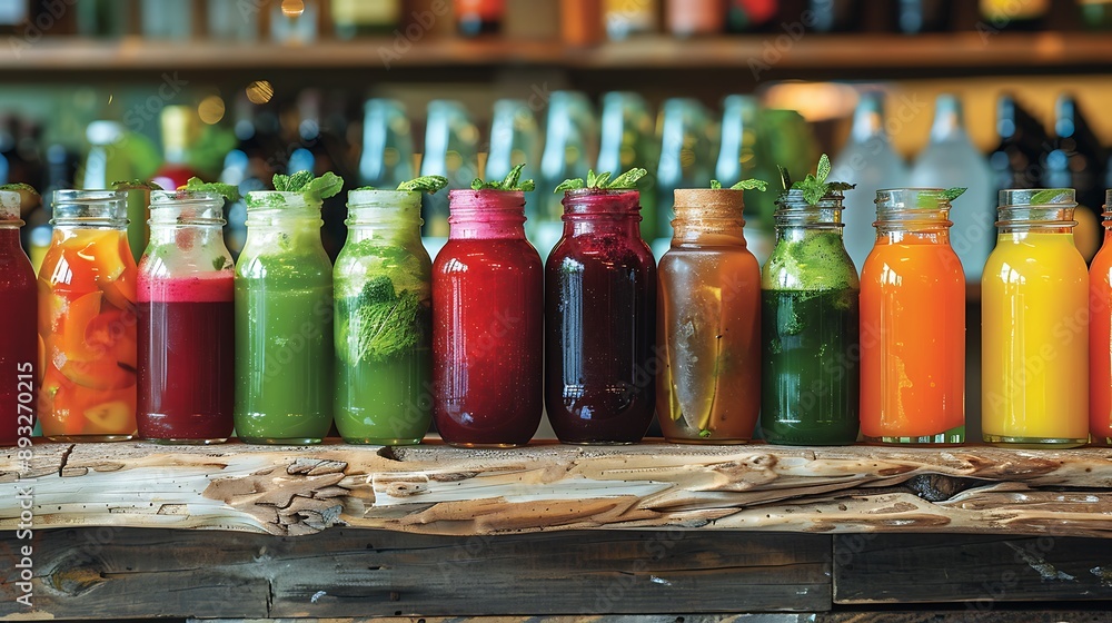 Colorful array of fresh-pressed vegetable juices, Colorful array of fresh-pressed vegetable juices,