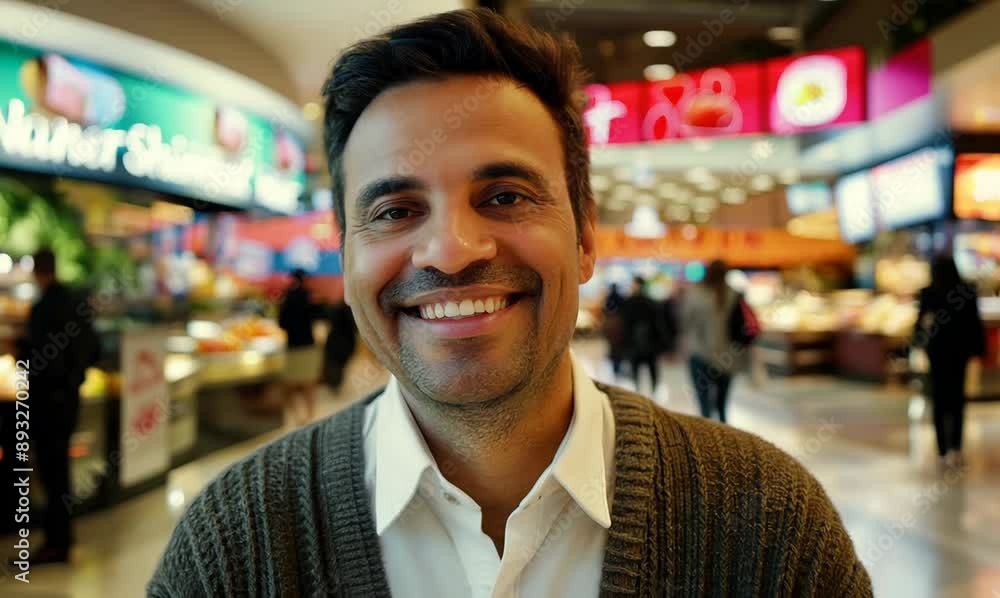 Medium shot portrait video of a grinning man in his 40s that is wearing a chic cardigan against a bustling food court in a shopping mall background Medium shot portrait video of a grinning man in his 40s that is wearing a chic cardigan against a bustling food court in a shopping mall background