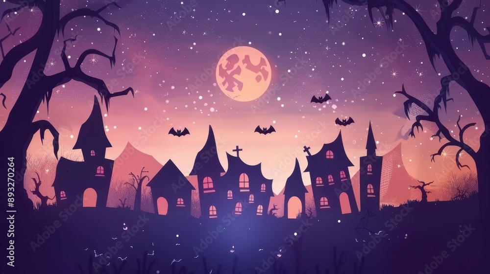Haunted village under a starry night with full moon Haunted village under a starry night with full moon