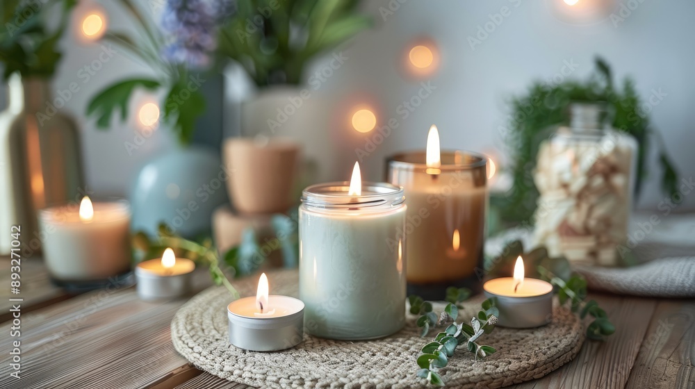 Aromatherapy ambiance: soothing candles, spa essentials, natural scents, cozy decor, floral elegance Aromatherapy ambiance: soothing candles, spa essentials, natural scents, cozy decor, floral elegance