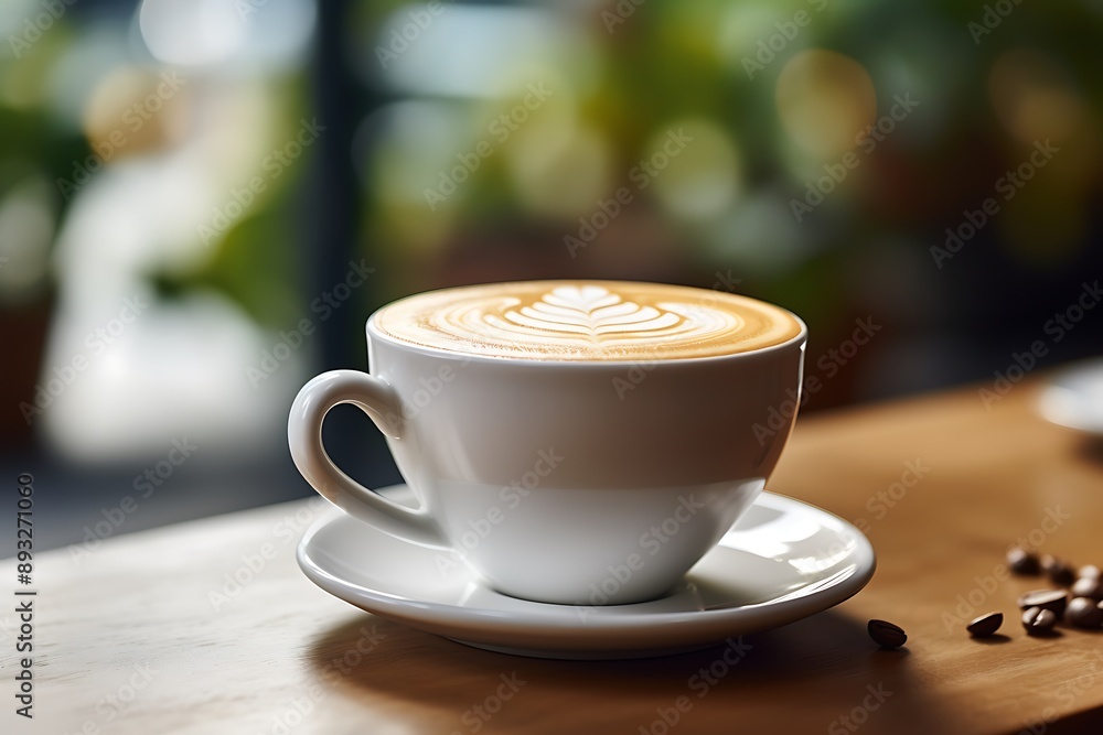 Coffee cup on the wooden table in coffee shop background. Coffee cup on the wooden table in coffee shop background.