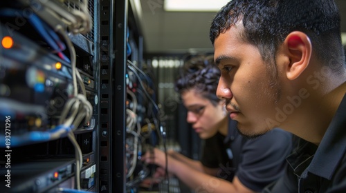 Portrait conceptual photography of IT staff implementing advanced encryption methods, securing data transfer, technicians configuring encryption settings, high-resolution, detailed textures, crisp photo