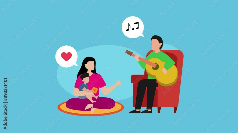 Happy cute family son with parents. dad plays guitar Happy cute family son with parents. dad plays guitar