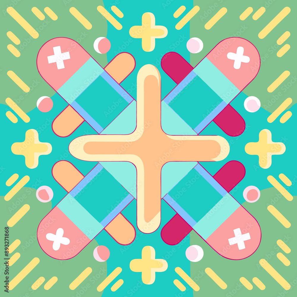Fototapeta premium Repeating pattern with a light green background with an abstract pattern of crosses and other shapes in pastel colors.