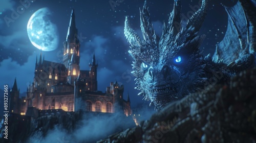 A Close up of a Dragon With Blue Eyes in Front of a Castle at Night - Generative AI