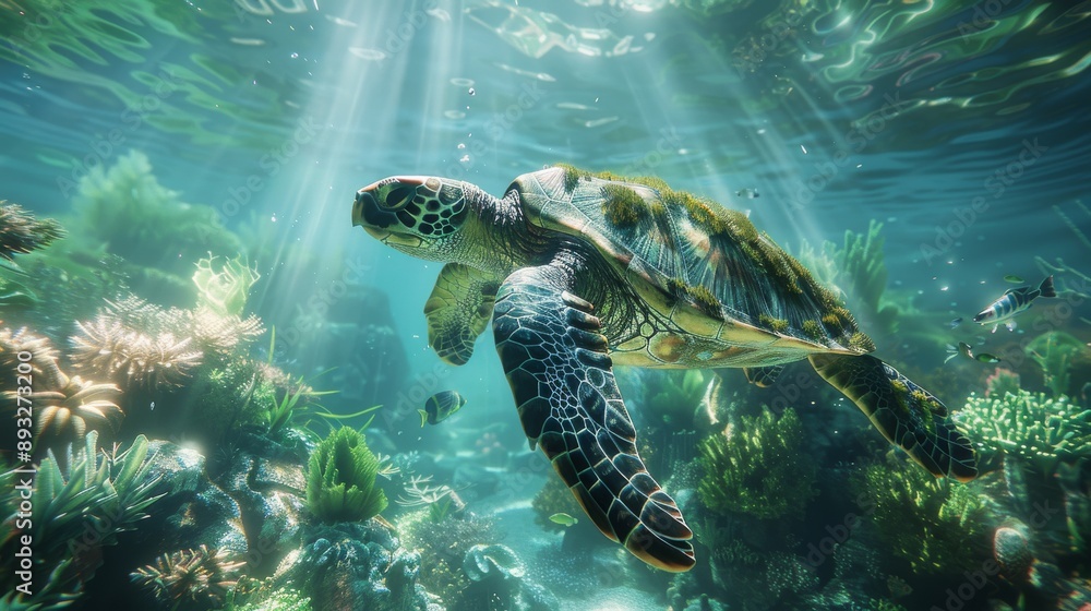 Obraz premium A Turtle Swimming in an Ocean With Sunlight Shining Through the Water and Plants Growing On the Bottom of the Ocean - Generative AI