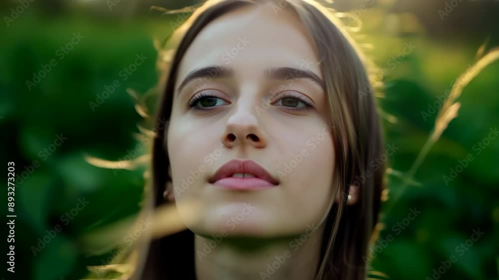 Close-up of young woman's face in sunlit field at golden hour Close-up of young woman's face in sunlit field at golden hour