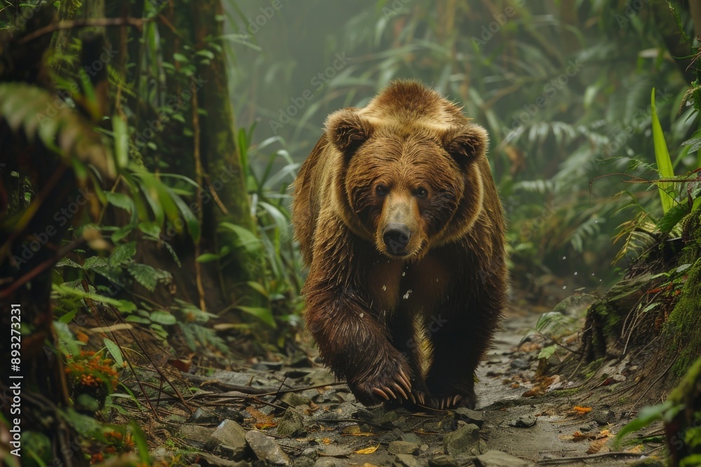Brown bear (Ursus arctos) walking on trail in rainforest Brown bear (Ursus arctos) walking on trail in rainforest
