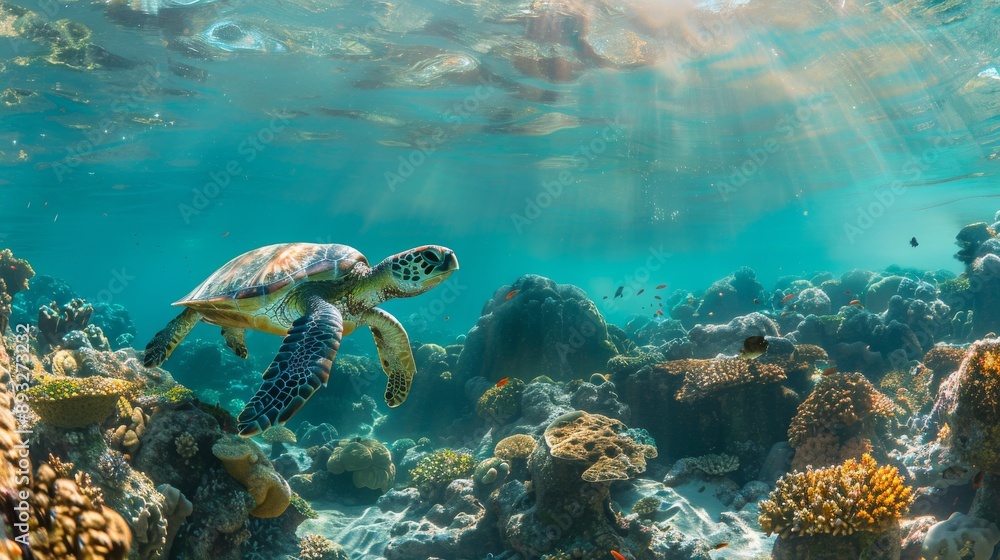 A Turtle Swimming Over a Coral Reef With Sunlight Reflecting off of the Sea Floor - Generative AI A Turtle Swimming Over a Coral Reef With Sunlight Reflecting off of the Sea Floor - Generative AI