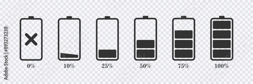 Battery charge level set, Battery status vector icons in transparent background