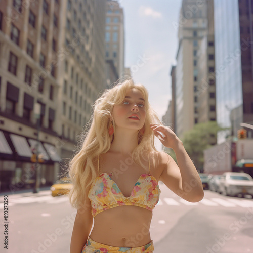 smiling and hapyp light blonde girl on 5th avenue in New York walking around like an influencer in a bikini during summer with sunshine photo